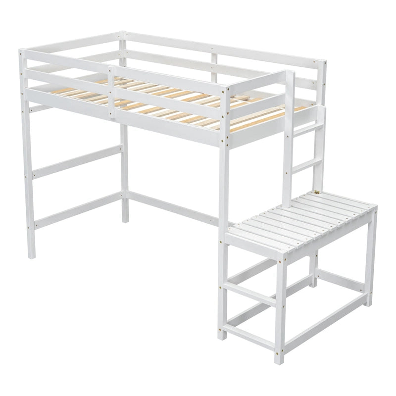 Cama alta tipo loft de madera de pino con plataforma de descanso y escaleras