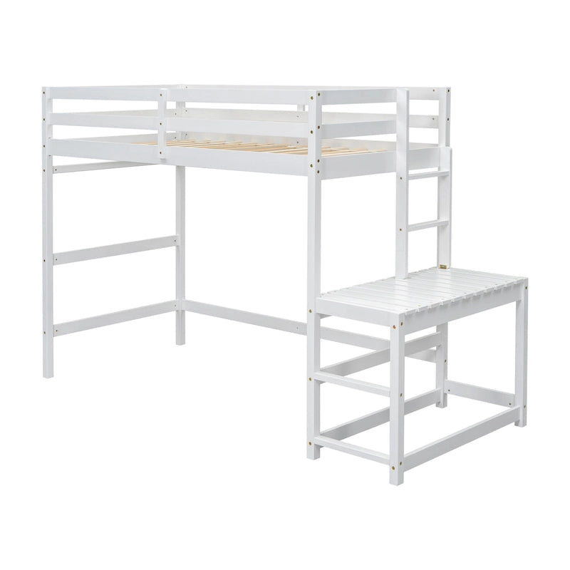 Cama alta tipo loft de madera de pino con plataforma de descanso y escaleras