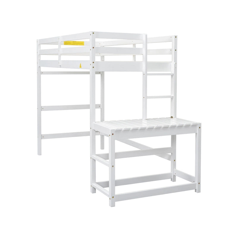 Cama alta tipo loft de madera de pino con plataforma de descanso y escaleras