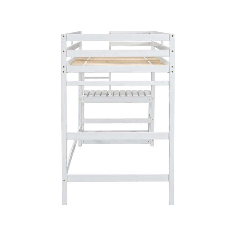 Cama alta tipo loft de madera de pino con plataforma de descanso y escaleras