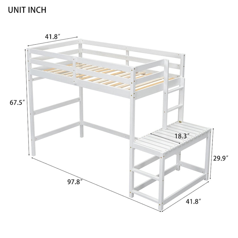 Cama alta tipo loft de madera de pino con plataforma de descanso y escaleras