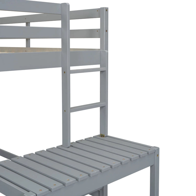 Cama alta tipo loft de madera de pino con plataforma de descanso y escaleras