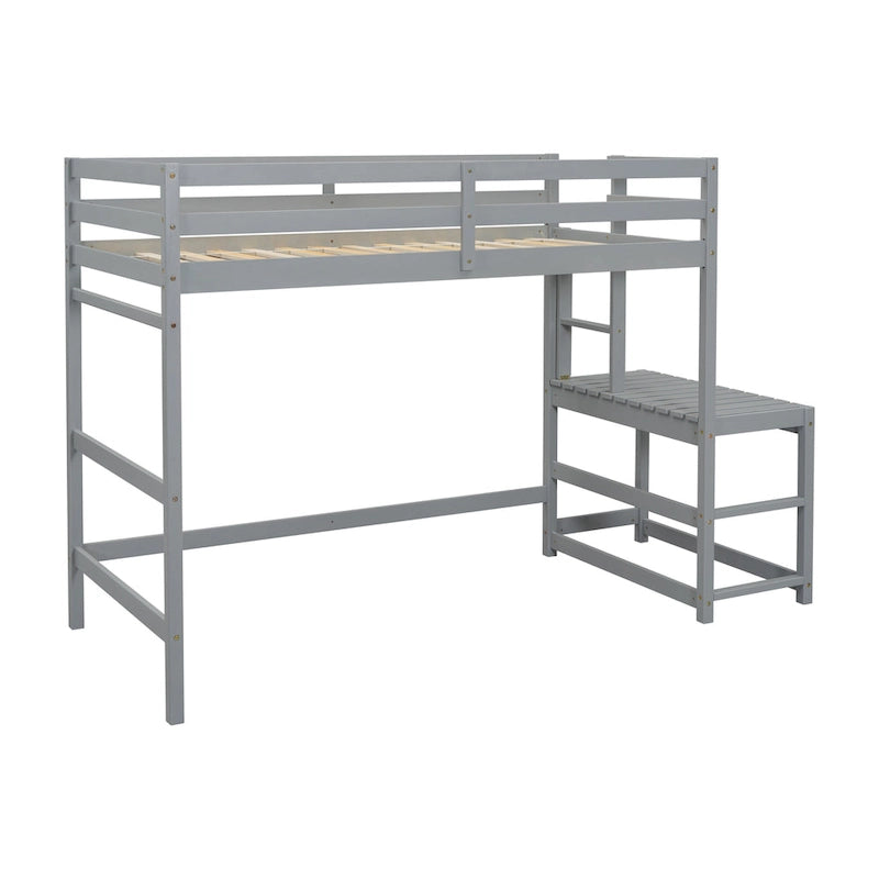 Cama alta tipo loft de madera de pino con plataforma de descanso y escaleras