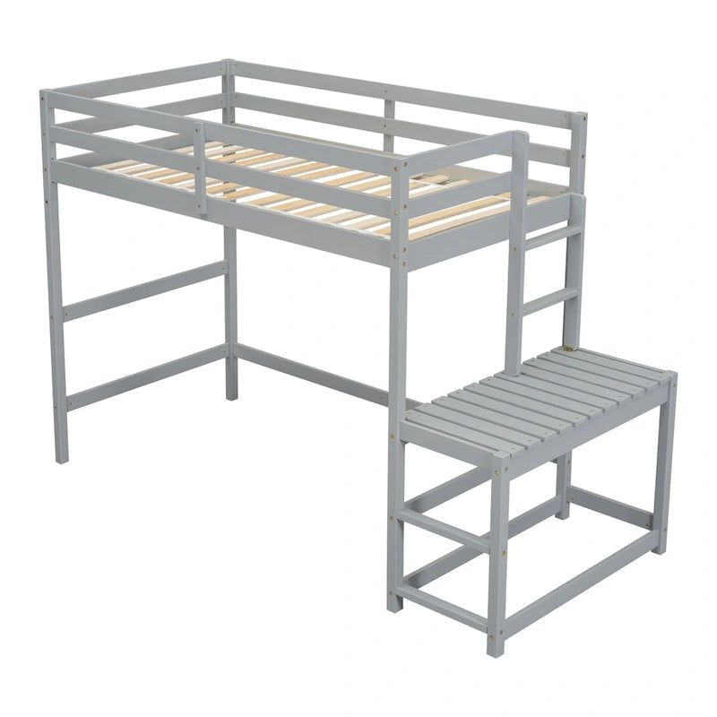 Cama alta tipo loft de madera de pino con plataforma de descanso y escaleras