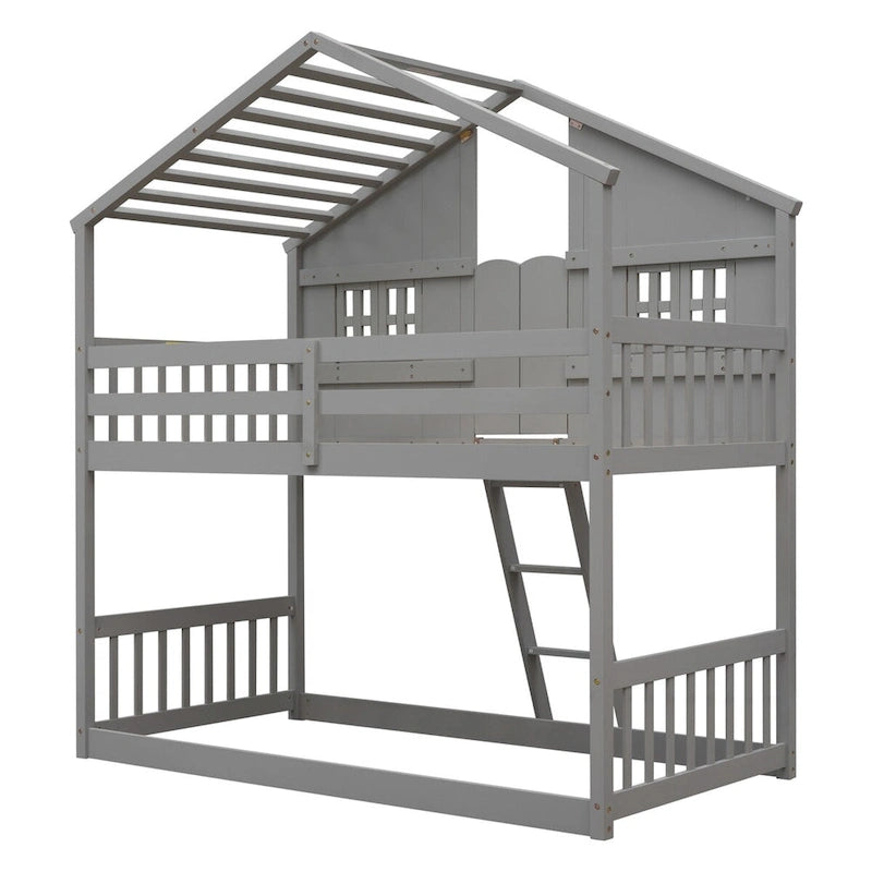 Etagenbett in Hausform aus Kiefernholz mit Dach, Fenstern und Leiter