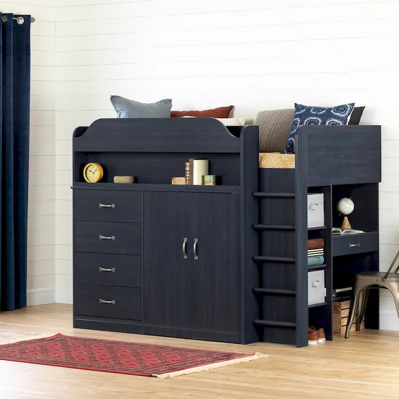 Cama alta tipo loft azul estilo cabaña con escritorio y almacenamiento integrados