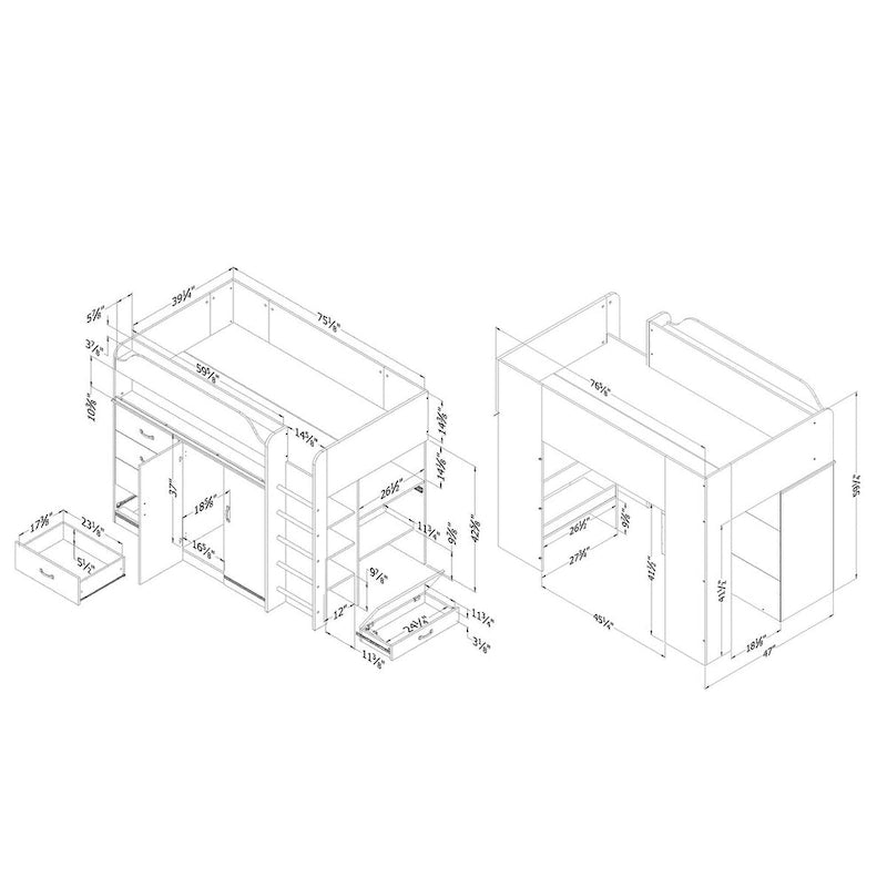 Cottage Style Blue Loft Bed with Built-In Desk and Storage