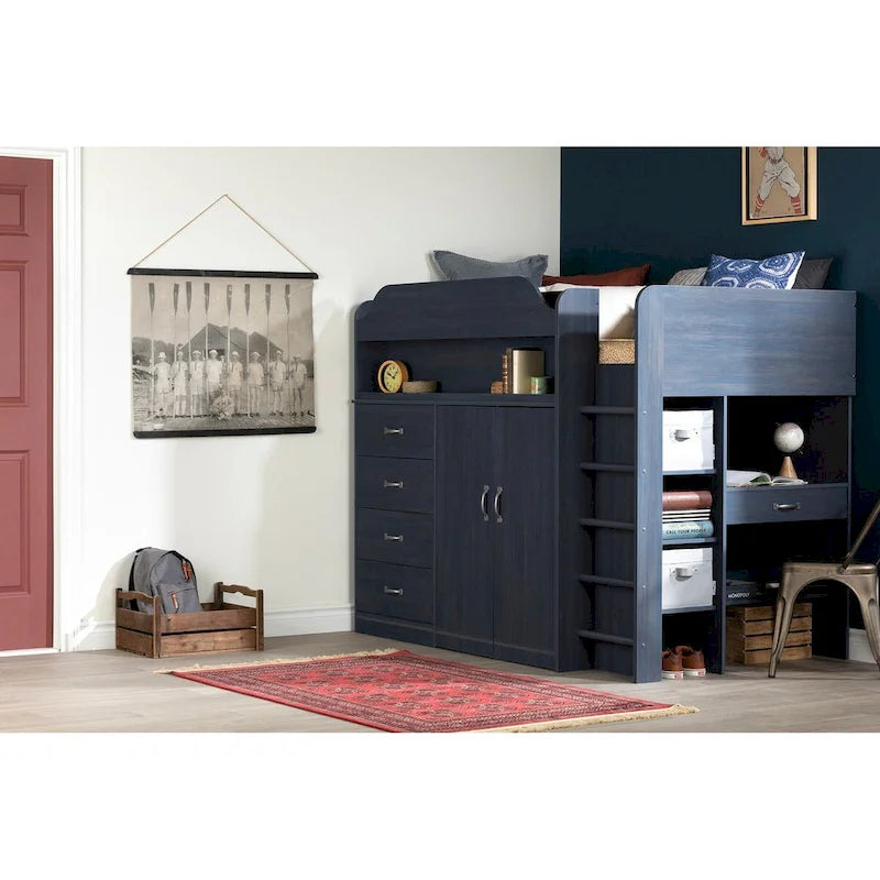 Cottage Style Blue Loft Bed with Built-In Desk and Storage