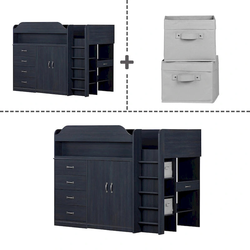 Cottage Style Blue Loft Bed with Built-In Desk and Storage