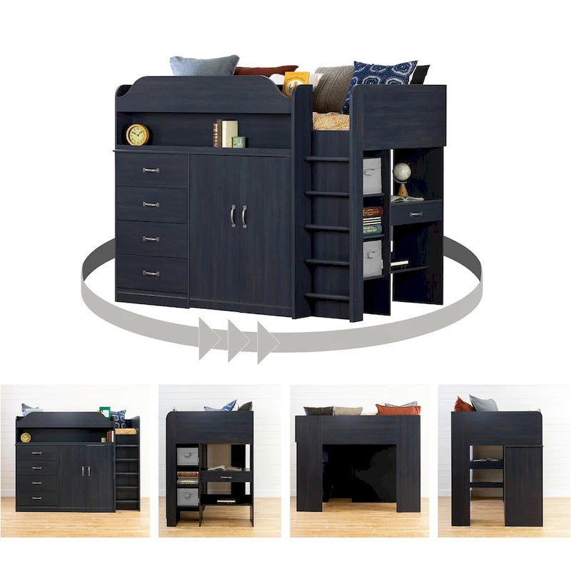 Cottage Style Blue Loft Bed with Built-In Desk and Storage
