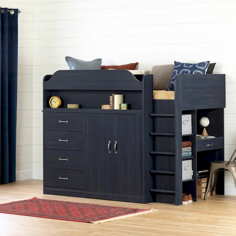 Cottage Style Blue Loft Bed with Built-In Desk and Storage